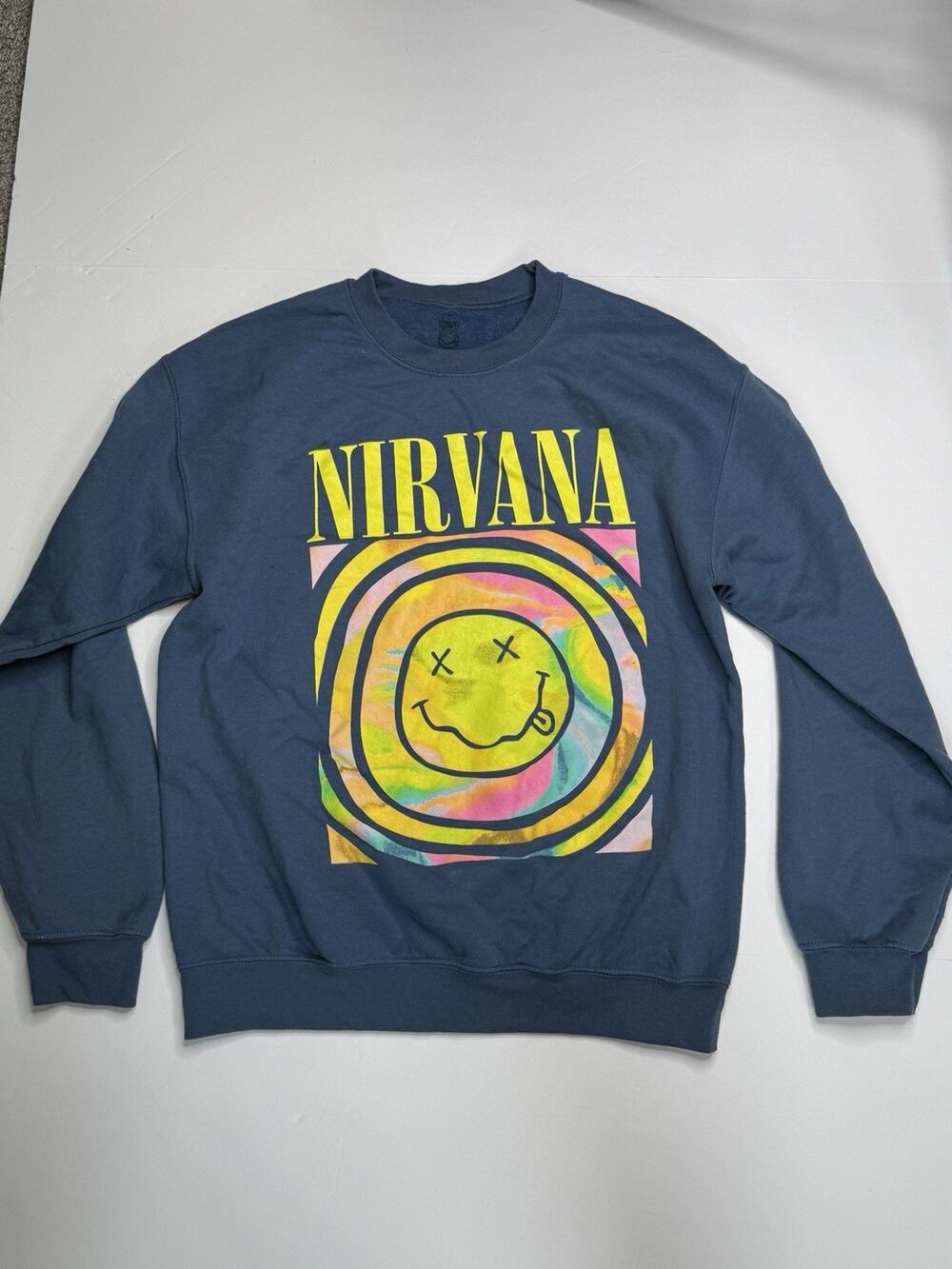 Nirvana Spiral Smiley Sweatshirt Adult M Blue Tie Dye Grunge Band
